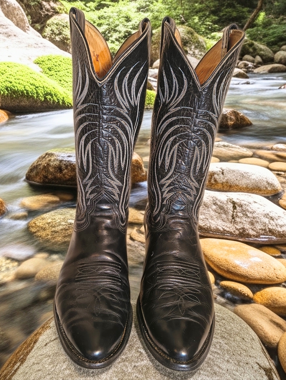 Men's Nocona Western Cowboy Boots 9.5E, Black Leather Excellent Vintage Cond.
